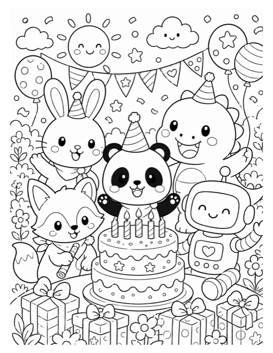 Animal birthday party free printable black-and-white coloring page