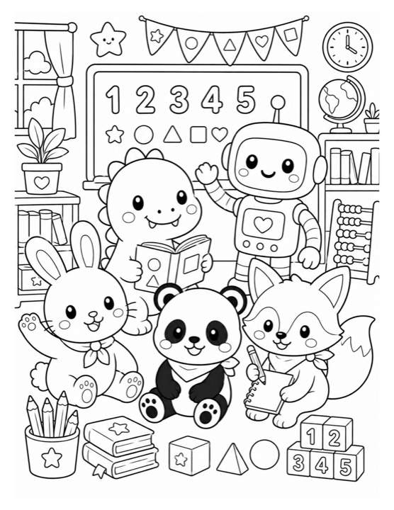 Animal robot classroom free printable black-and-white coloring page