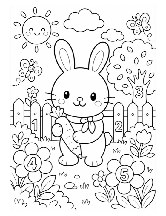 Bunny garden counting free printable black-and-white coloring page
