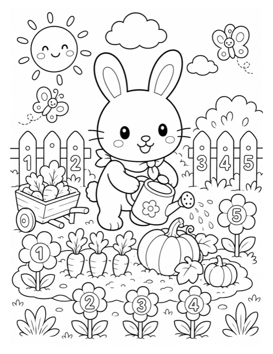 Bunny number garden free printable black-and-white coloring page