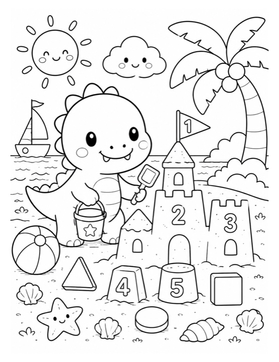 Dino sandcastle free printable black-and-white coloring page