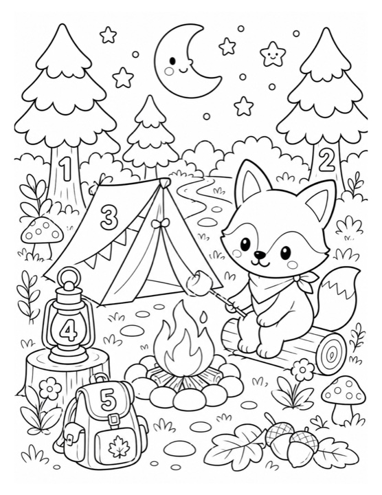 Forest camping free printable black-and-white coloring page