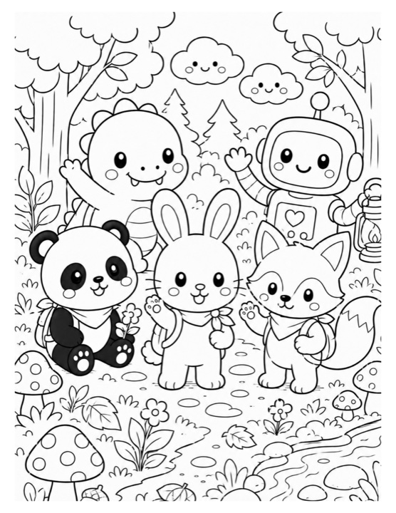 Forest friends free printable black-and-white coloring page