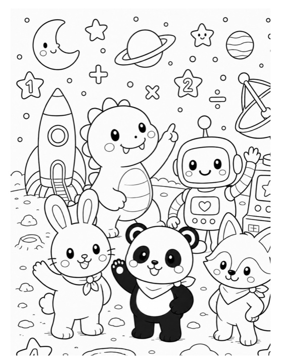 Moon math friends free printable black-and-white coloring page