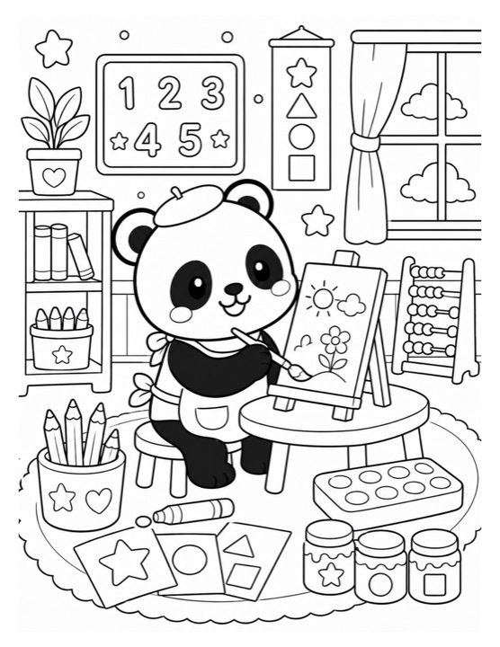 Panda art class free printable black-and-white coloring page