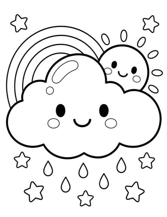 Rainbow rain cloud free printable black-and-white coloring page