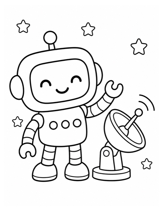Robot & satellite free printable black-and-white coloring page