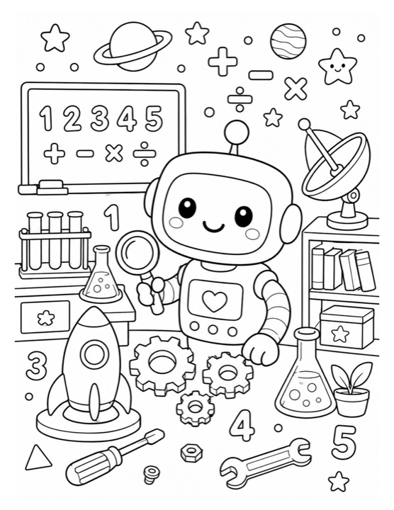 Robot science lab free printable black-and-white coloring page