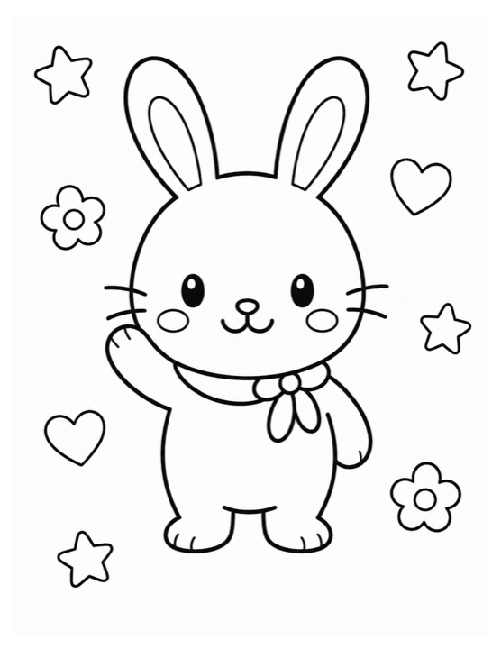Waving bunny free printable black-and-white coloring page