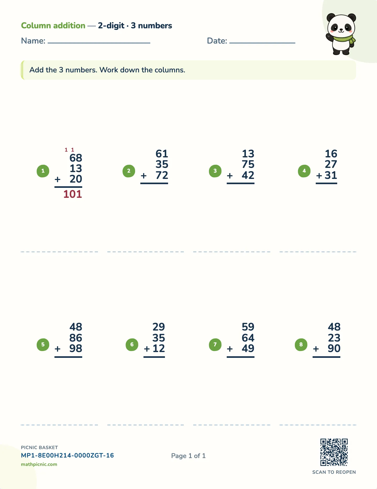 Adding three numbers worksheet — Three addends, carrying, free printable with answer key