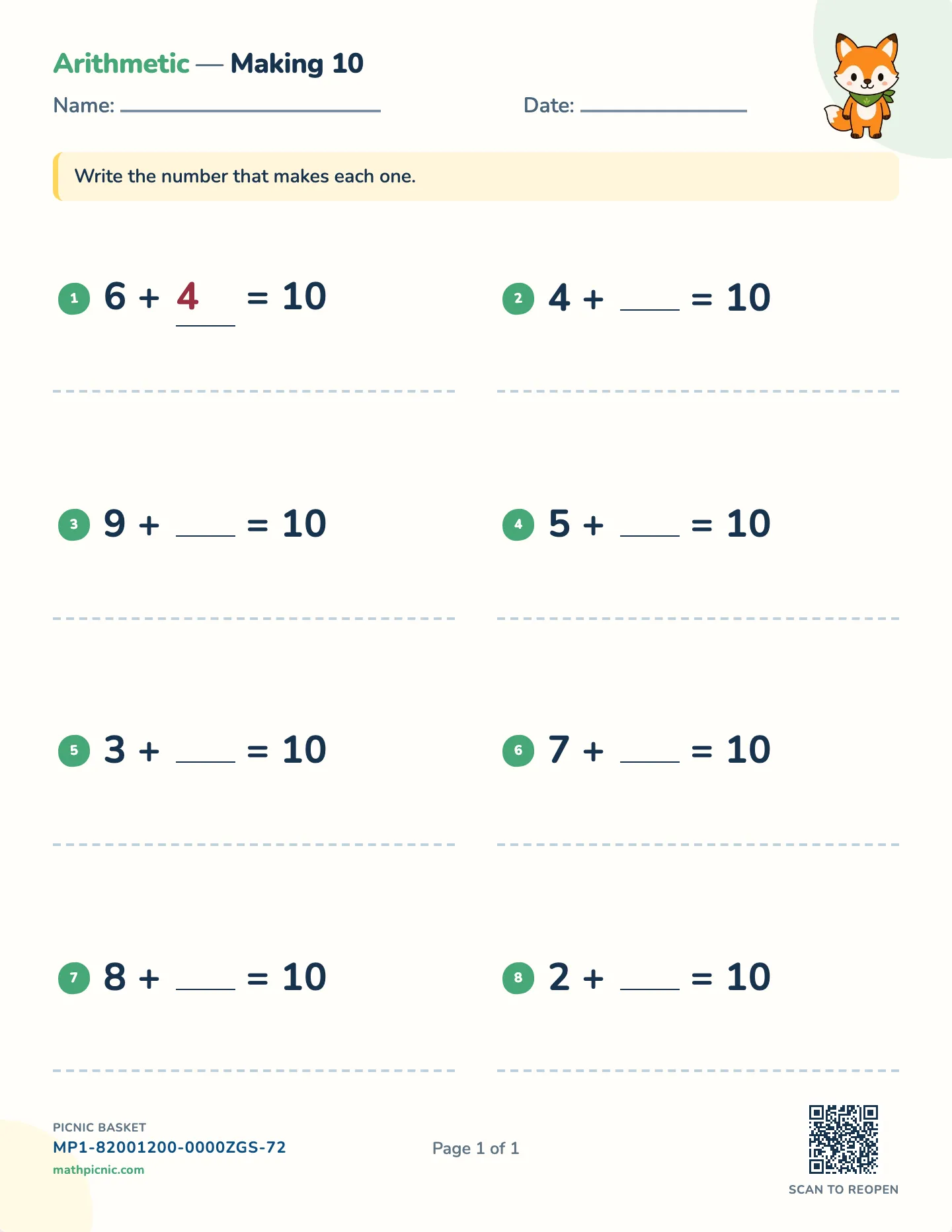 Make ten worksheet — Pairs that make 10, free printable with answer key