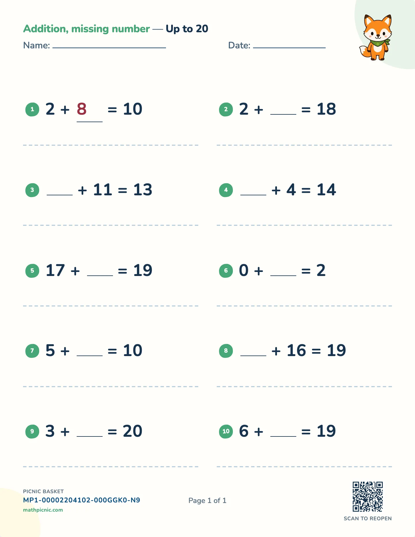 Missing addends worksheet — free printable with answer key