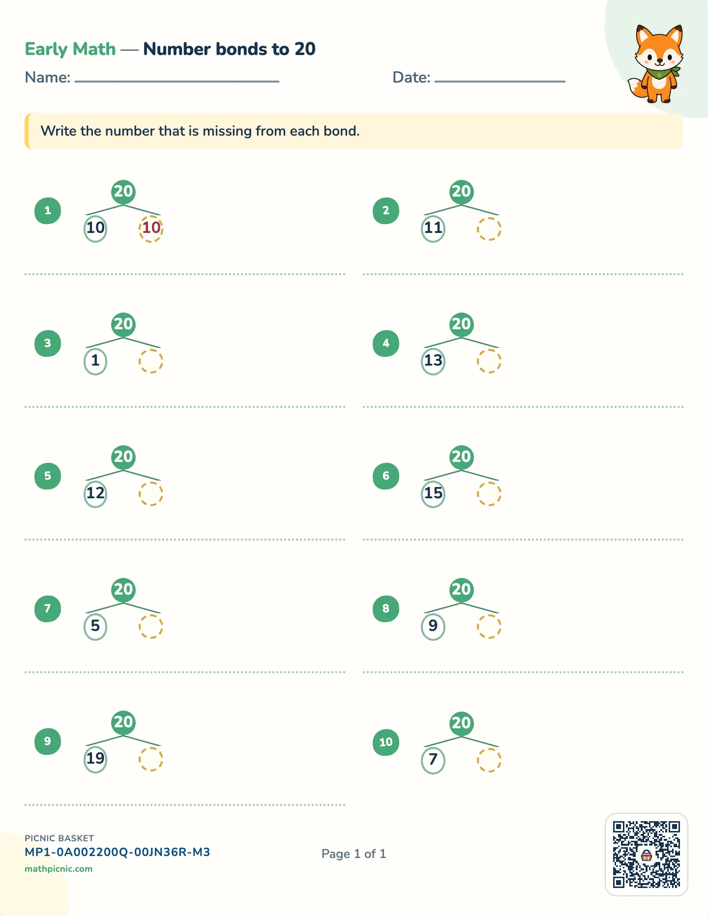Number bonds to 20 worksheet — Every bond makes 20, free printable with answer key
