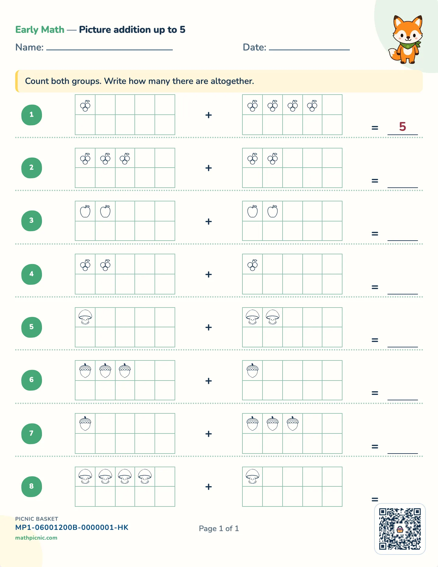 Adding within 5 worksheet — Sums to 5, free printable with answer key
