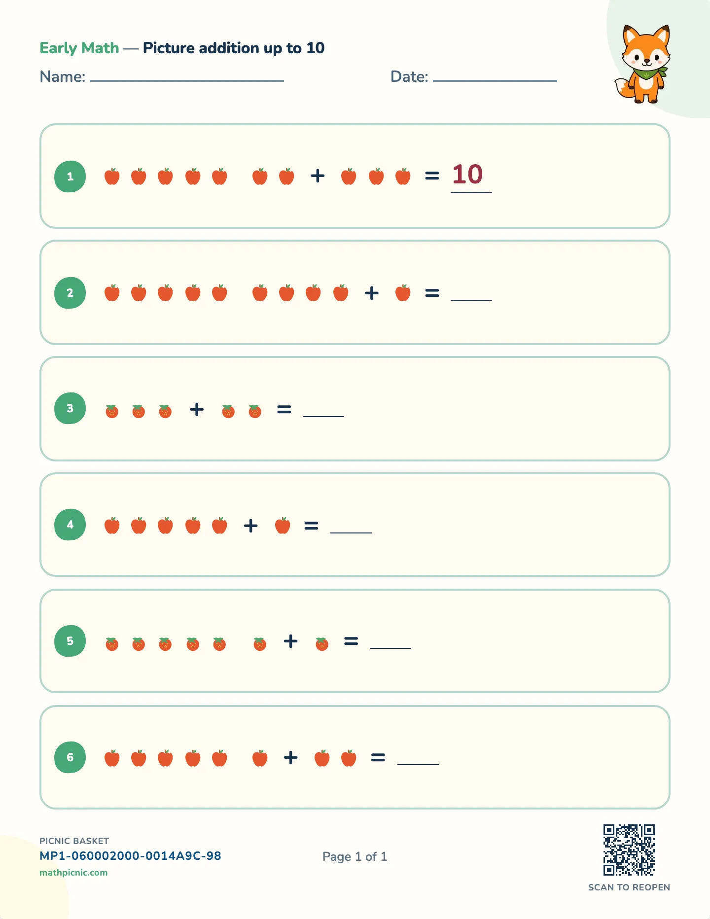 Picture addition worksheet — Sums to 10, free printable with answer key