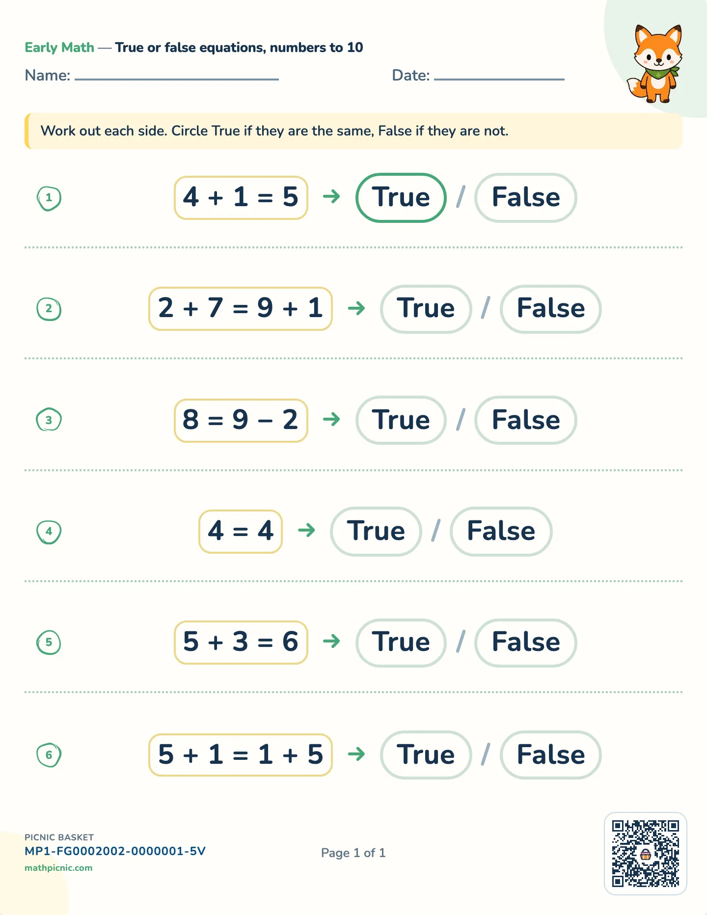 True or false equations worksheet — Numbers to 10, free printable with answer key