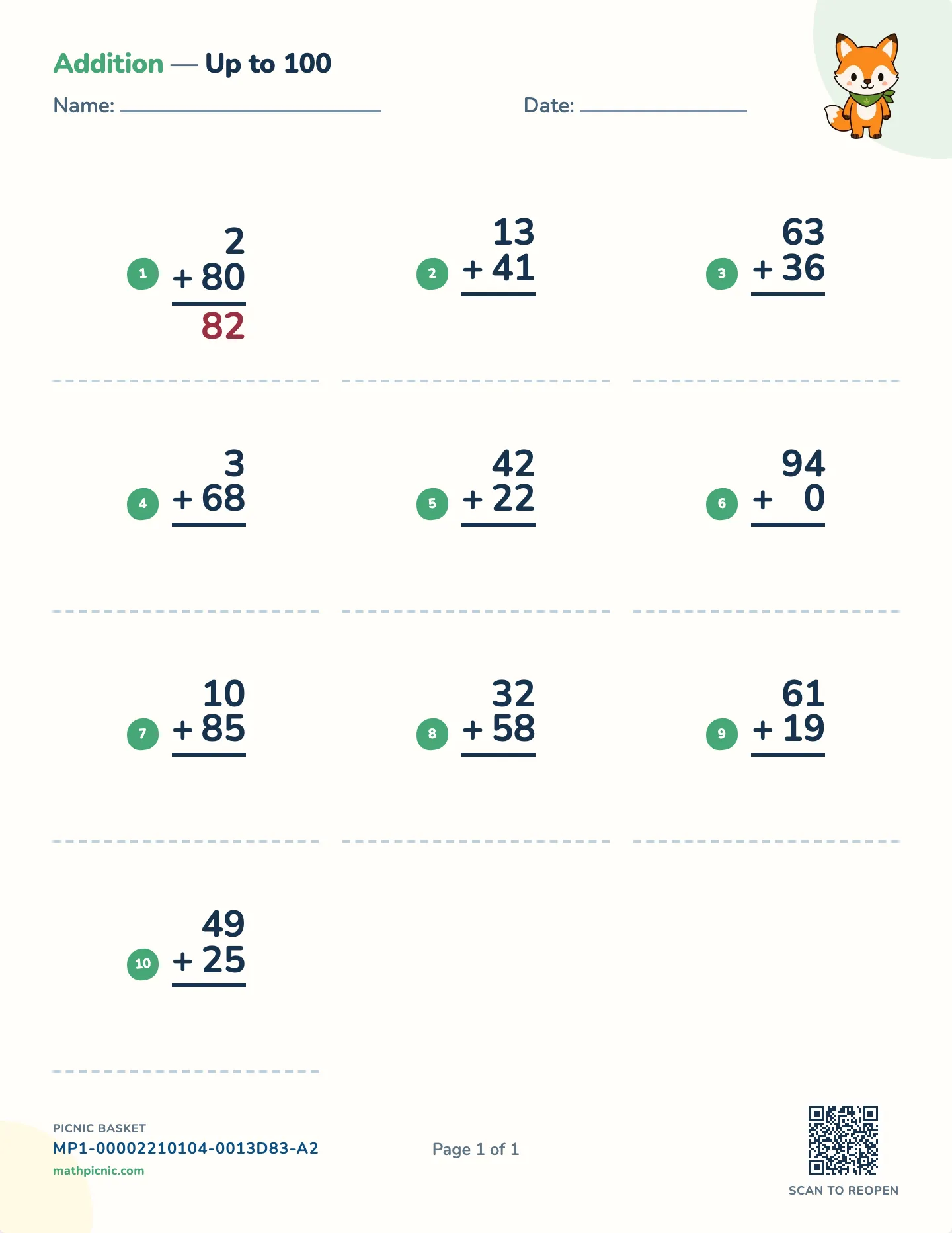 Vertical addition worksheet — free printable with answer key