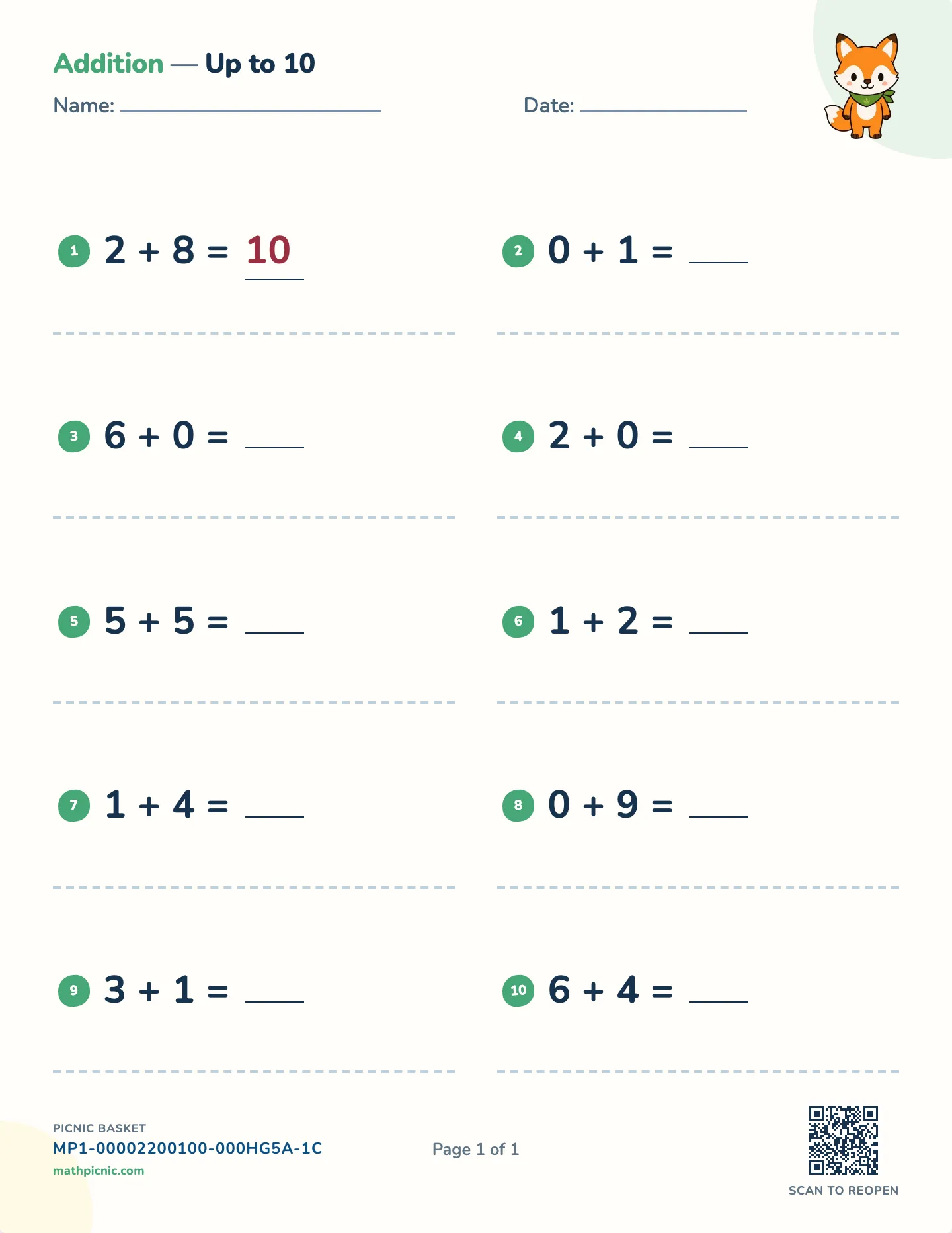 Addition within 10 worksheet — Sums to 10, free printable with answer key