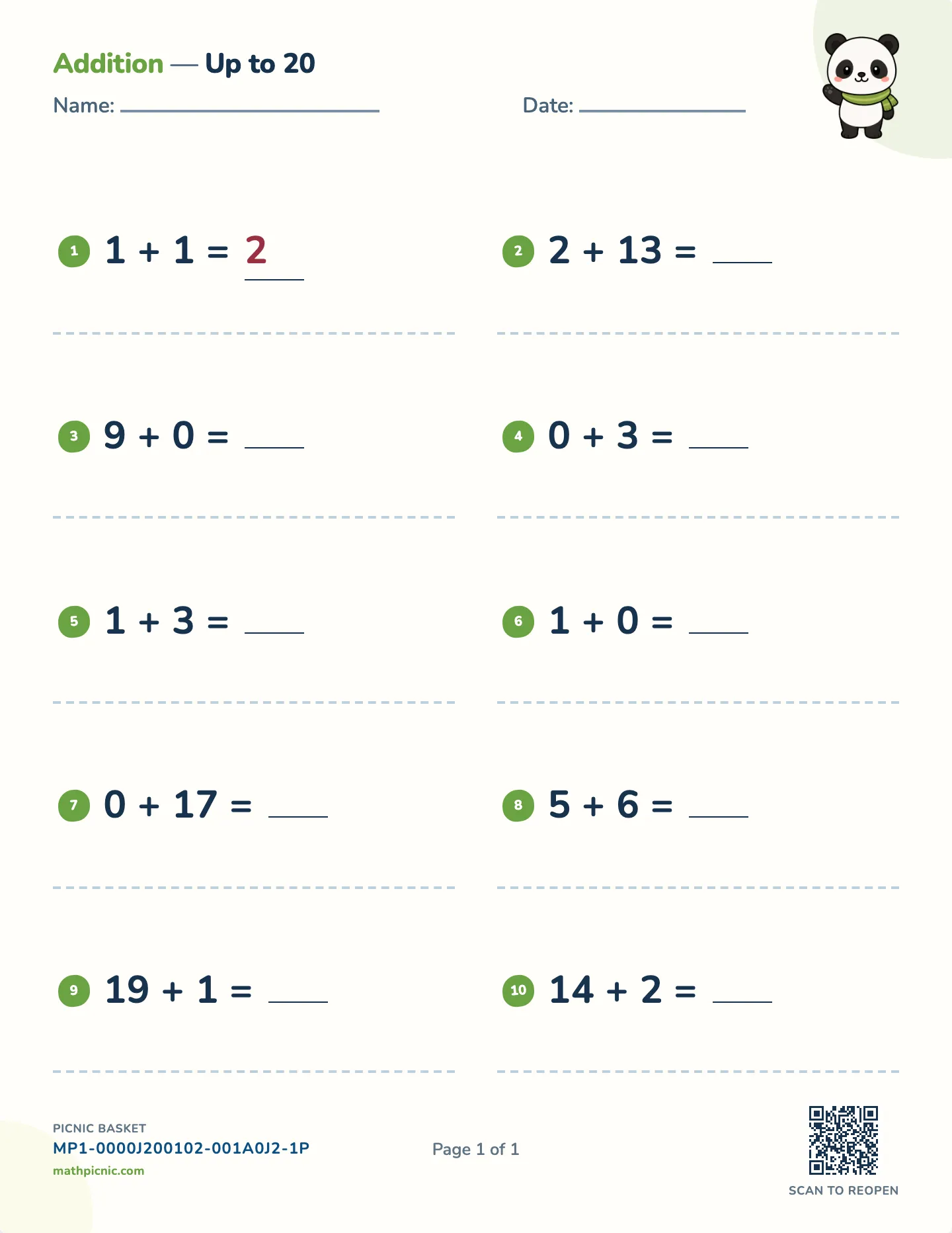 Addition within 20 worksheet — Sums to 20, free printable with answer key