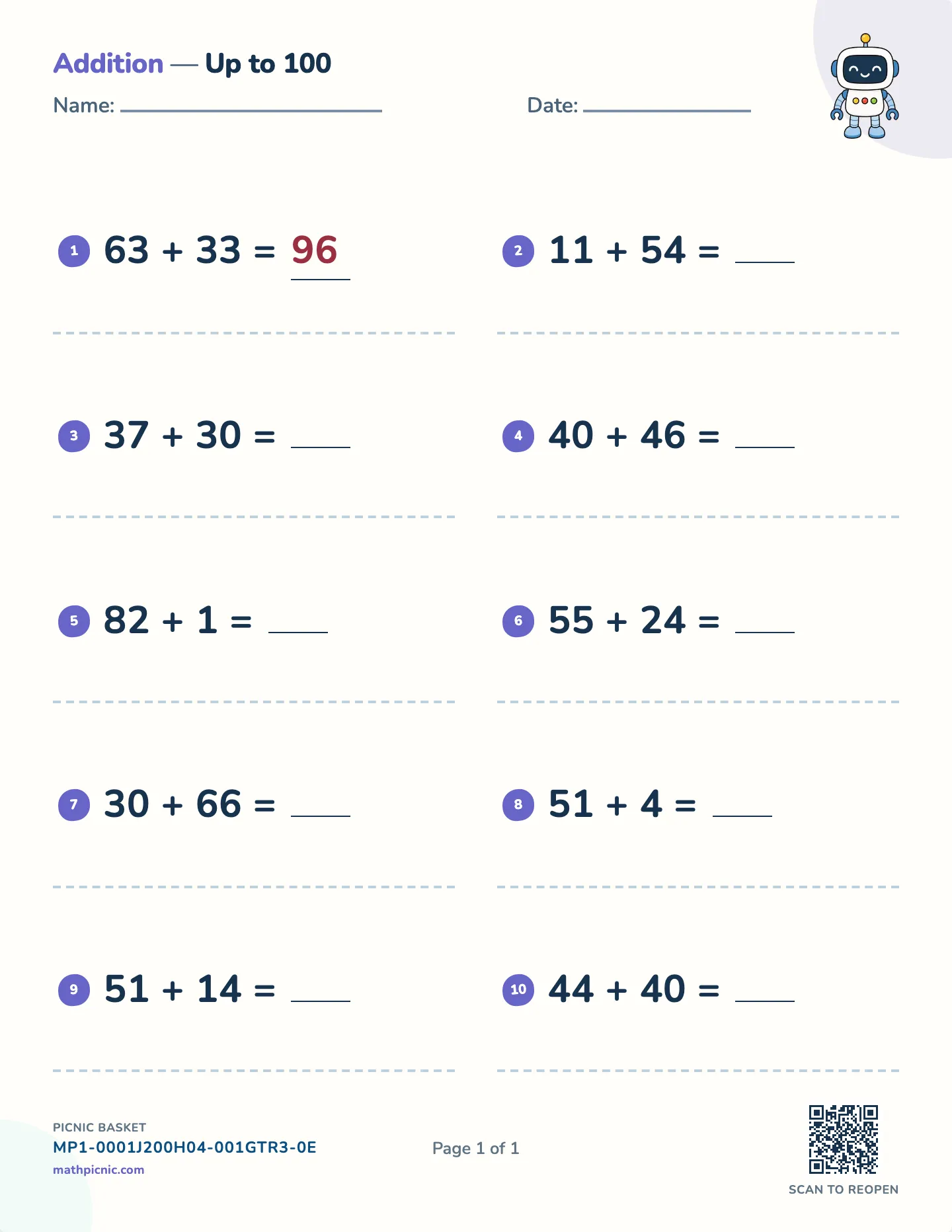 Addition without regrouping worksheet — free printable with answer key