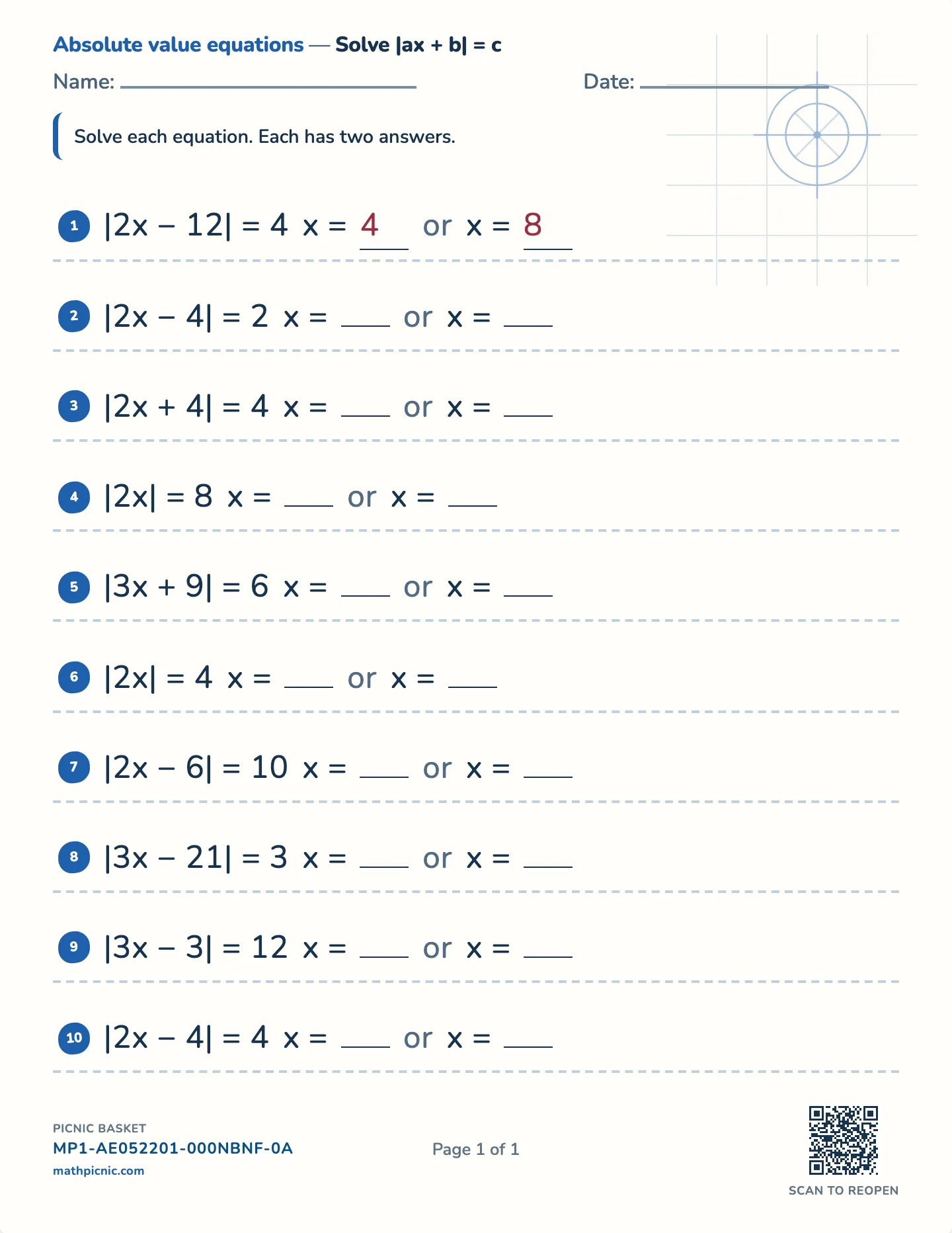 Absolute value equations with coefficients worksheet — |ax + b| = c, whole answers, free printable with answer key
