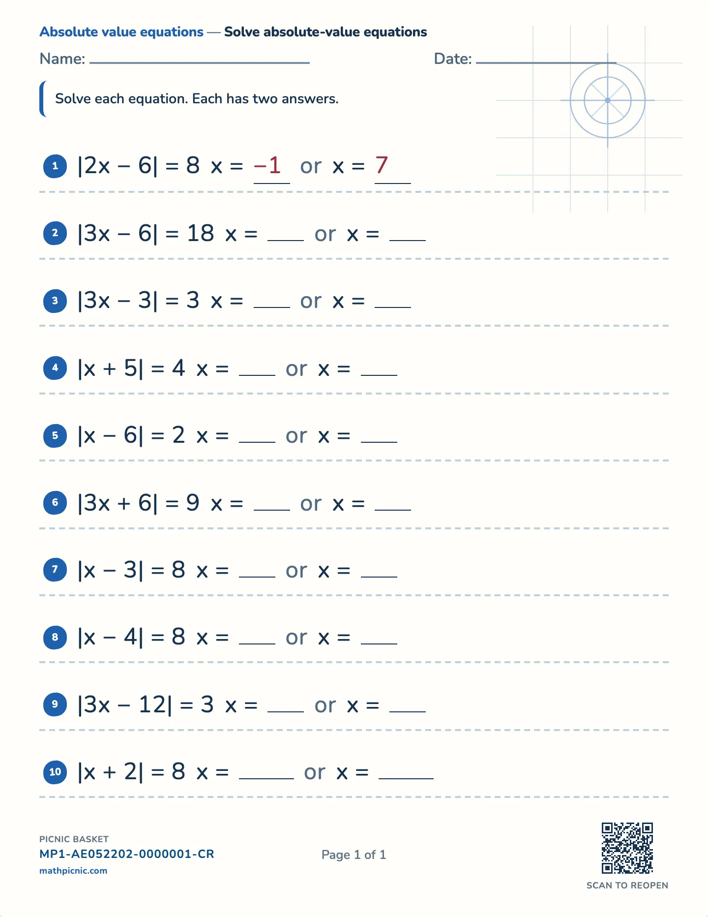 Absolute value equations worksheet — Split the bars, whole answers, free printable with answer key