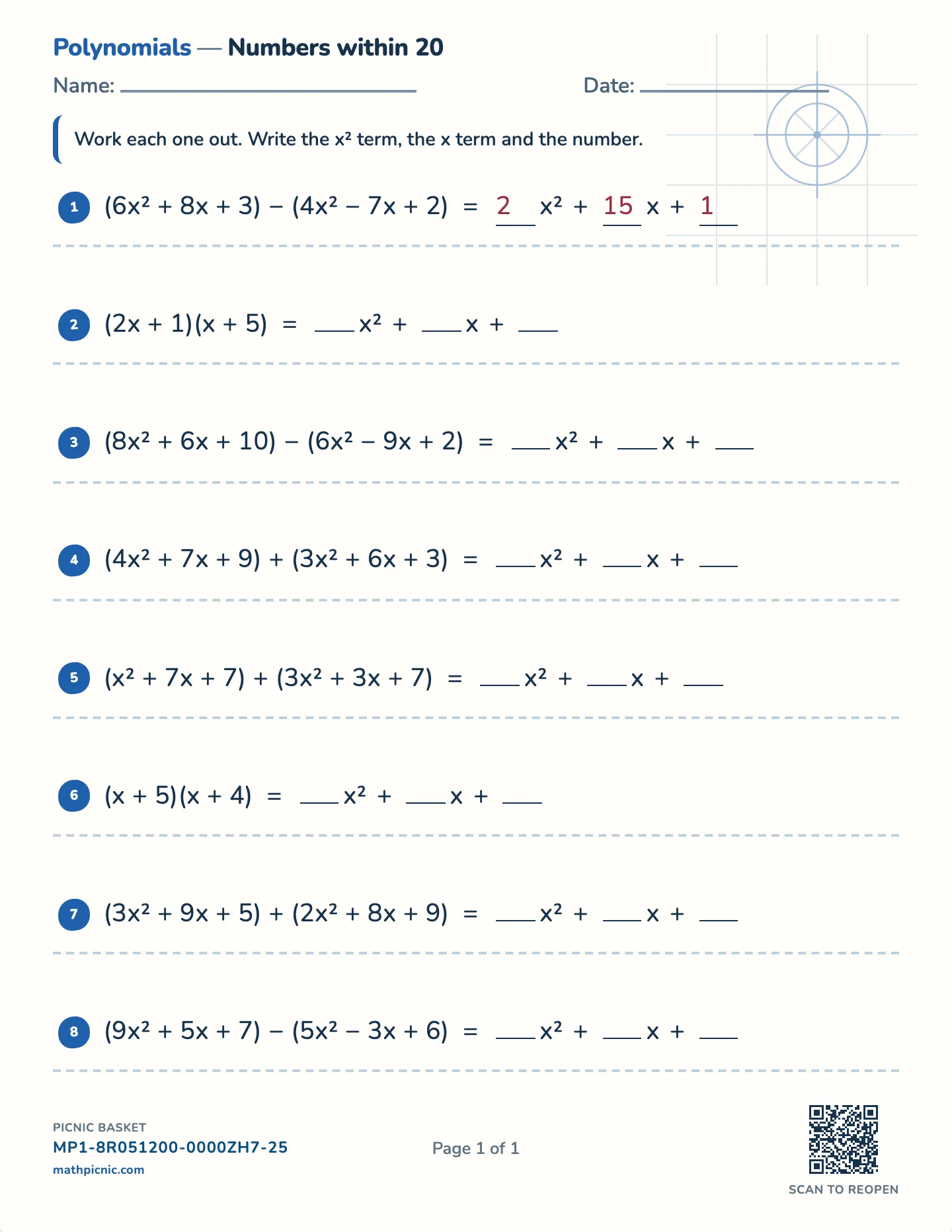 Adding and subtracting polynomials worksheet — free printable with answer key