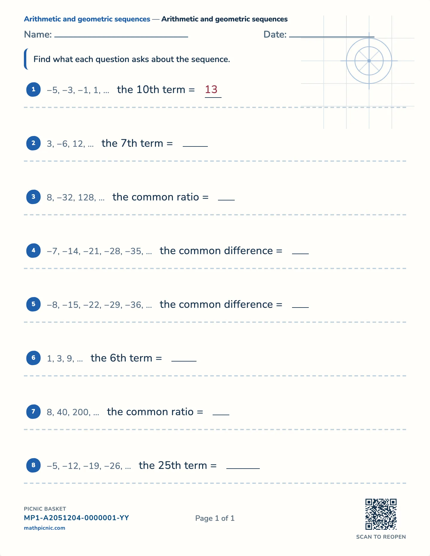 Arithmetic and geometric sequences worksheet — free printable with answer key