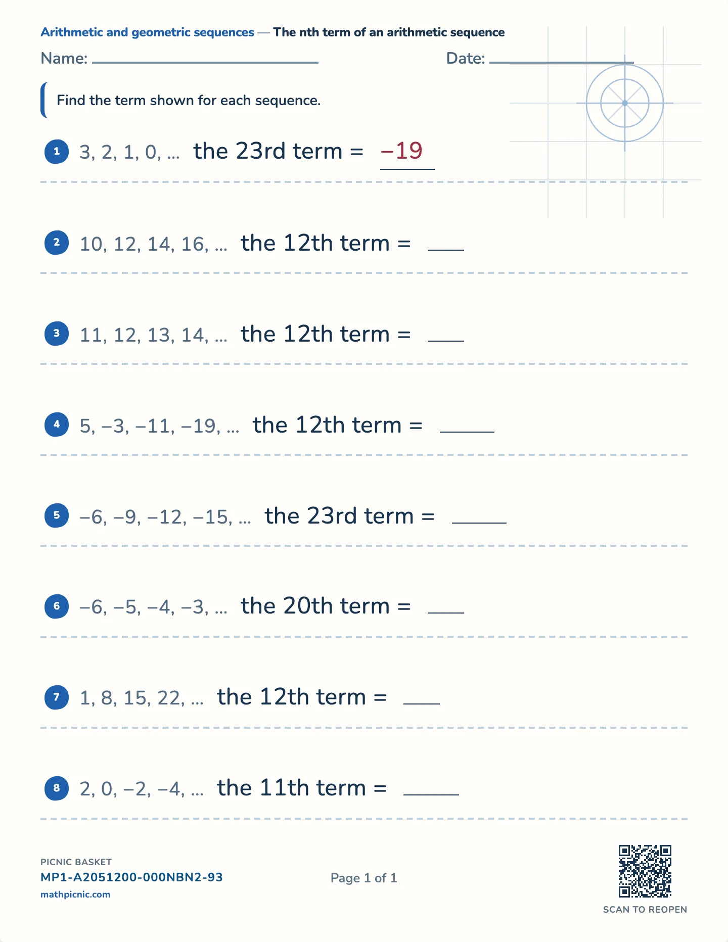 Arithmetic sequence nth term worksheet — Whole terms, nth term, free printable with answer key