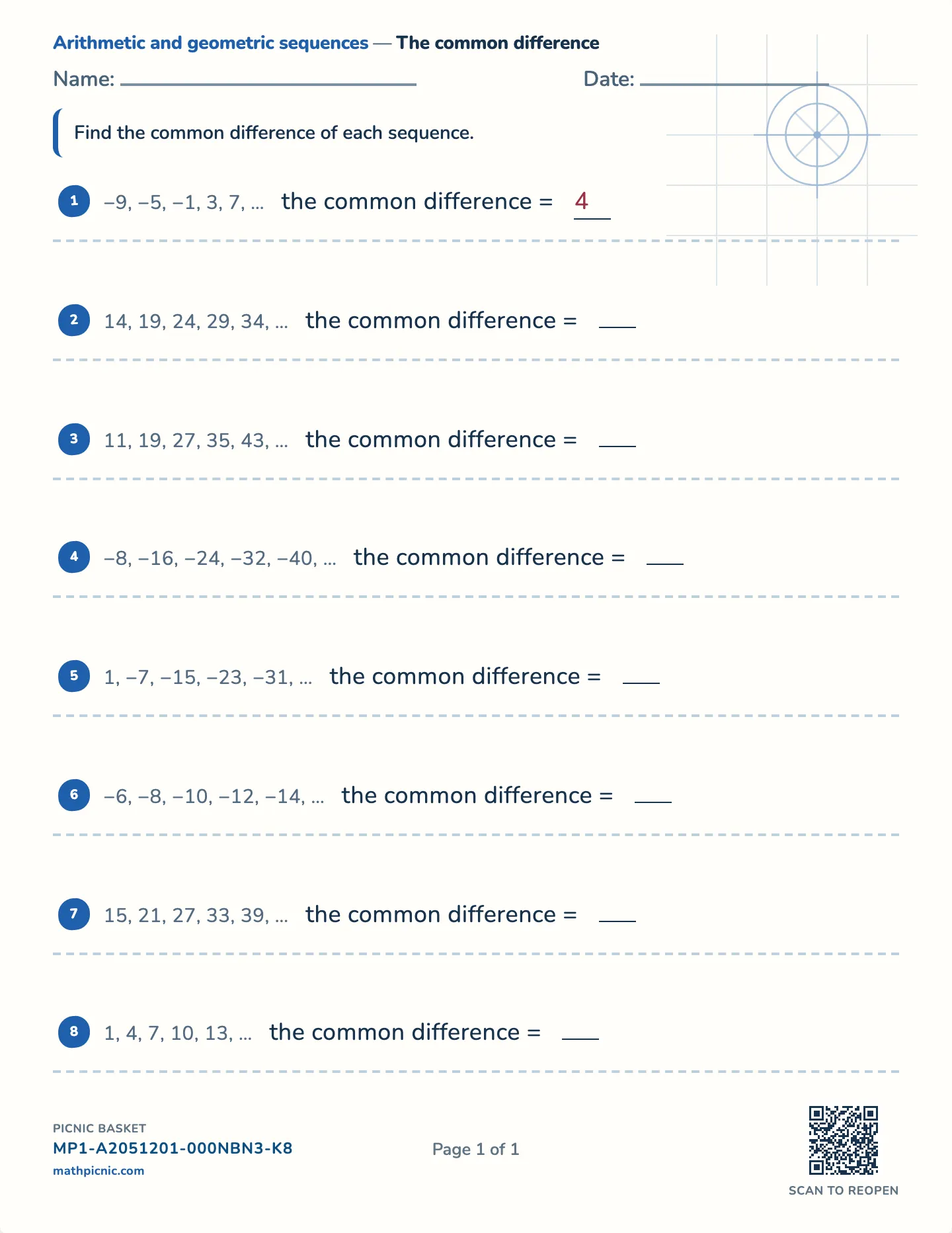 Common difference of a sequence worksheet — Whole common differences, free printable with answer key