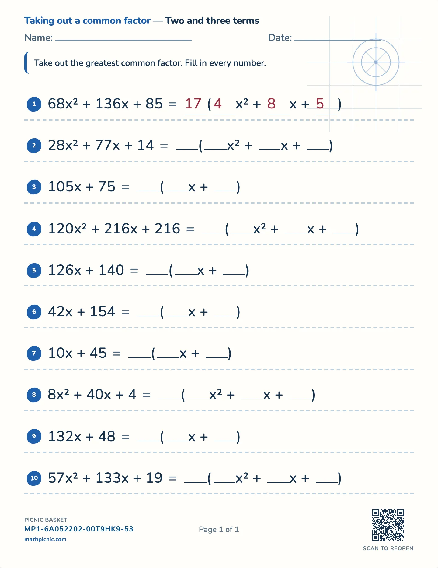 Taking out a common factor worksheet — free printable with answer key