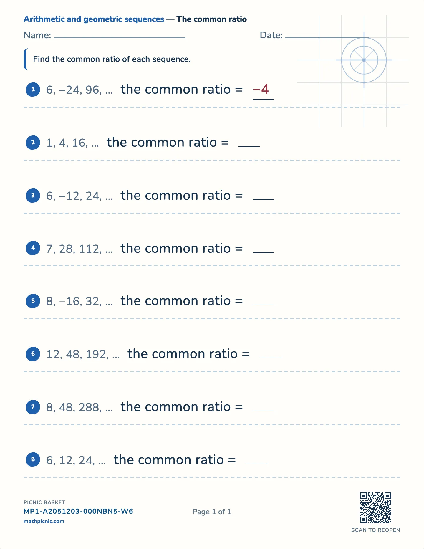 Common ratio of a sequence worksheet — Whole common ratios, free printable with answer key