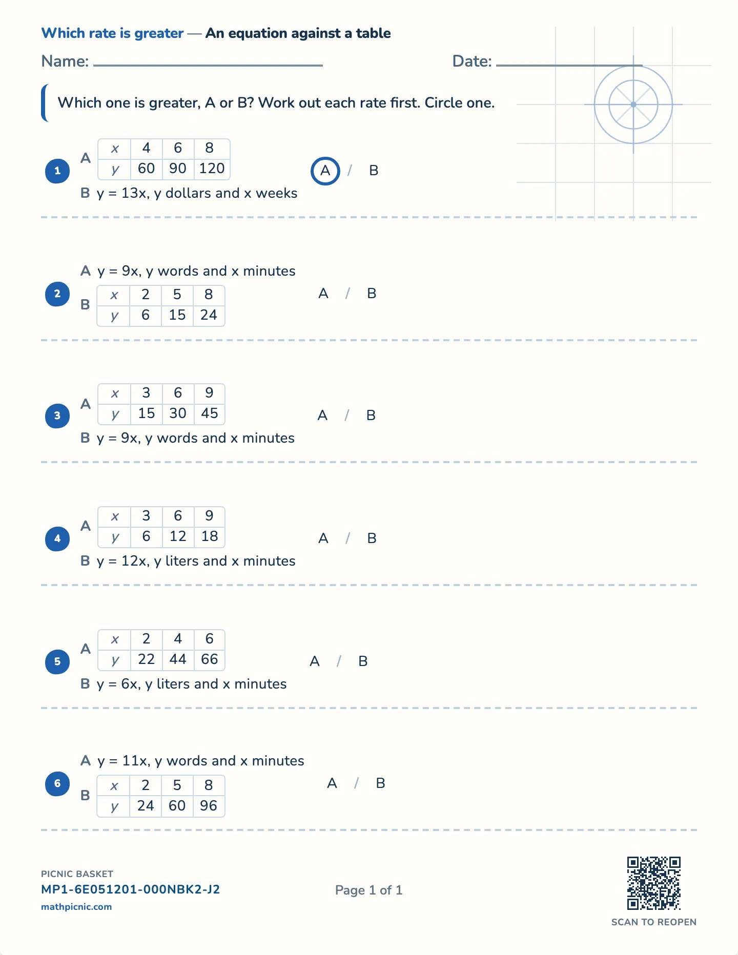 Comparing rates from a table worksheet — Two rates shown in tables, free printable with answer key