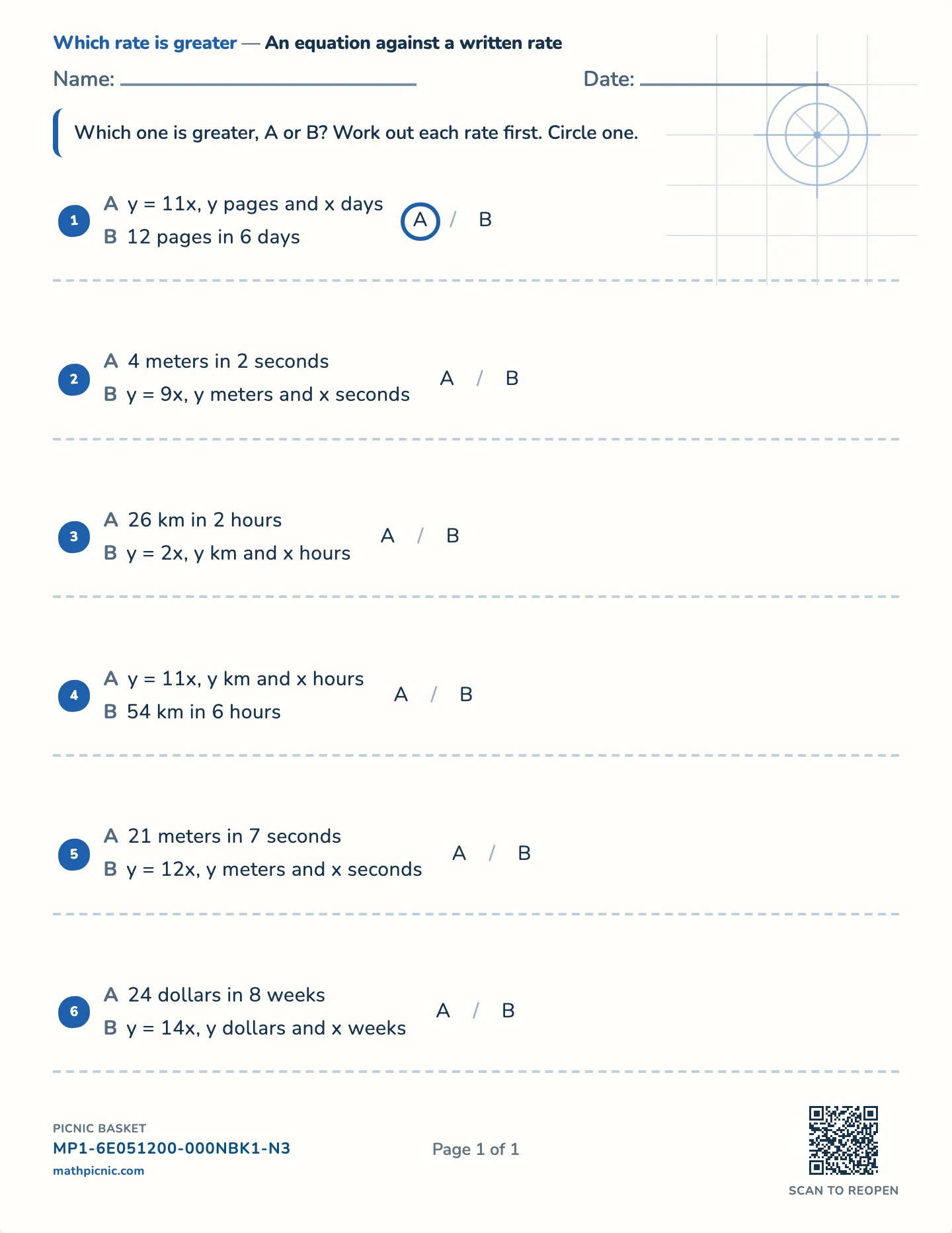 Comparing rates in words worksheet — Two rates written in words, free printable with answer key