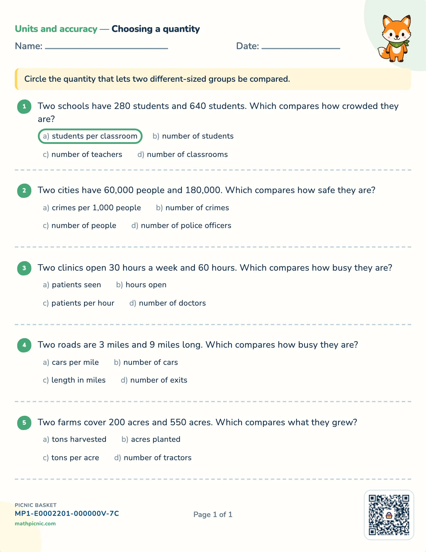 Choosing the right quantity worksheet — A rate against a total, free printable with answer key