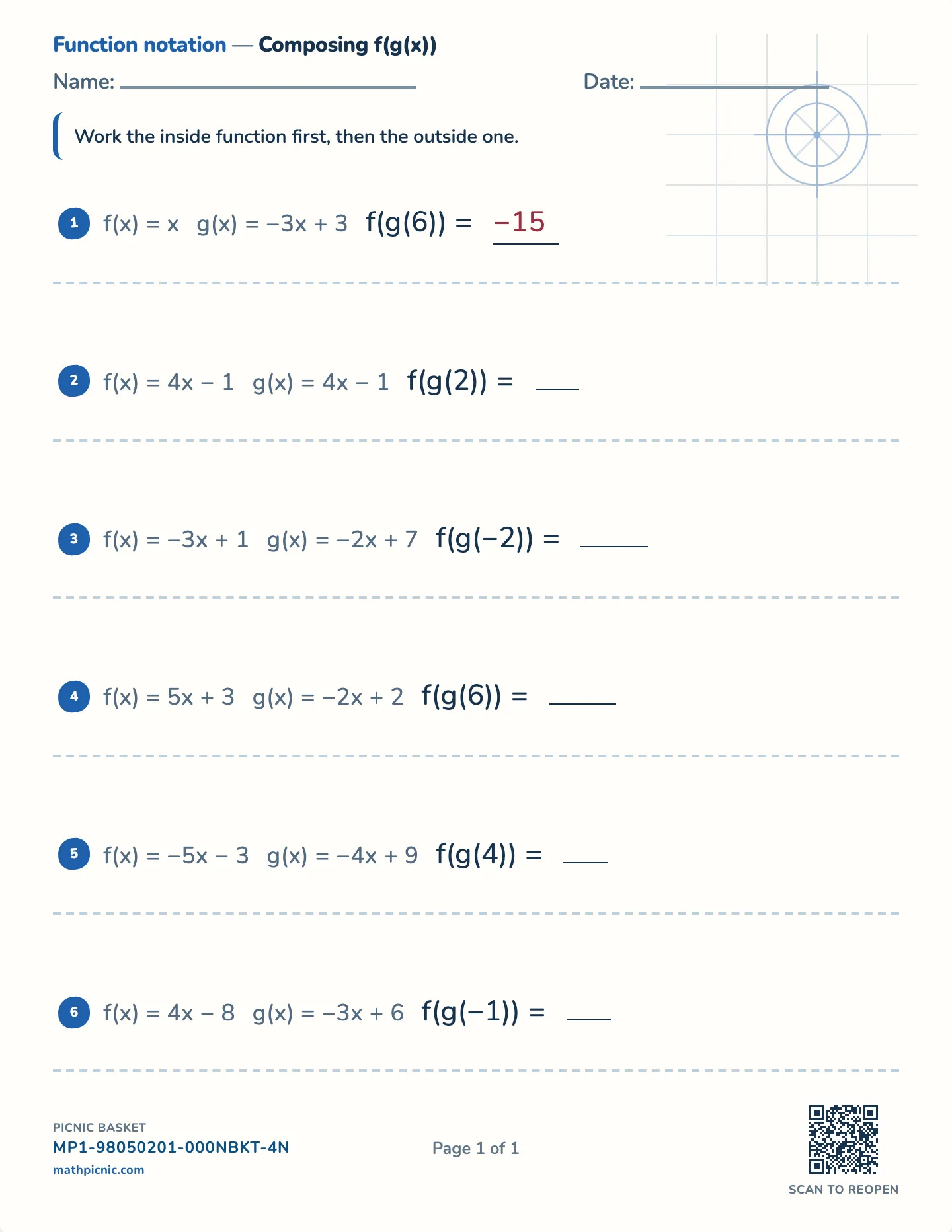 Composing functions worksheet — f(g(x)), signed, free printable with answer key