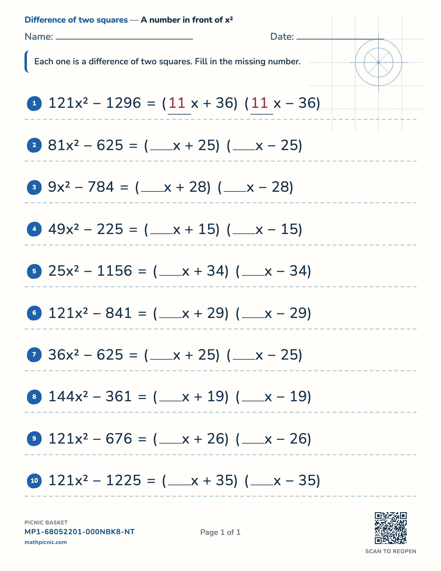 Difference of squares with coefficients worksheet — a²x² − b², whole roots, free printable with answer key