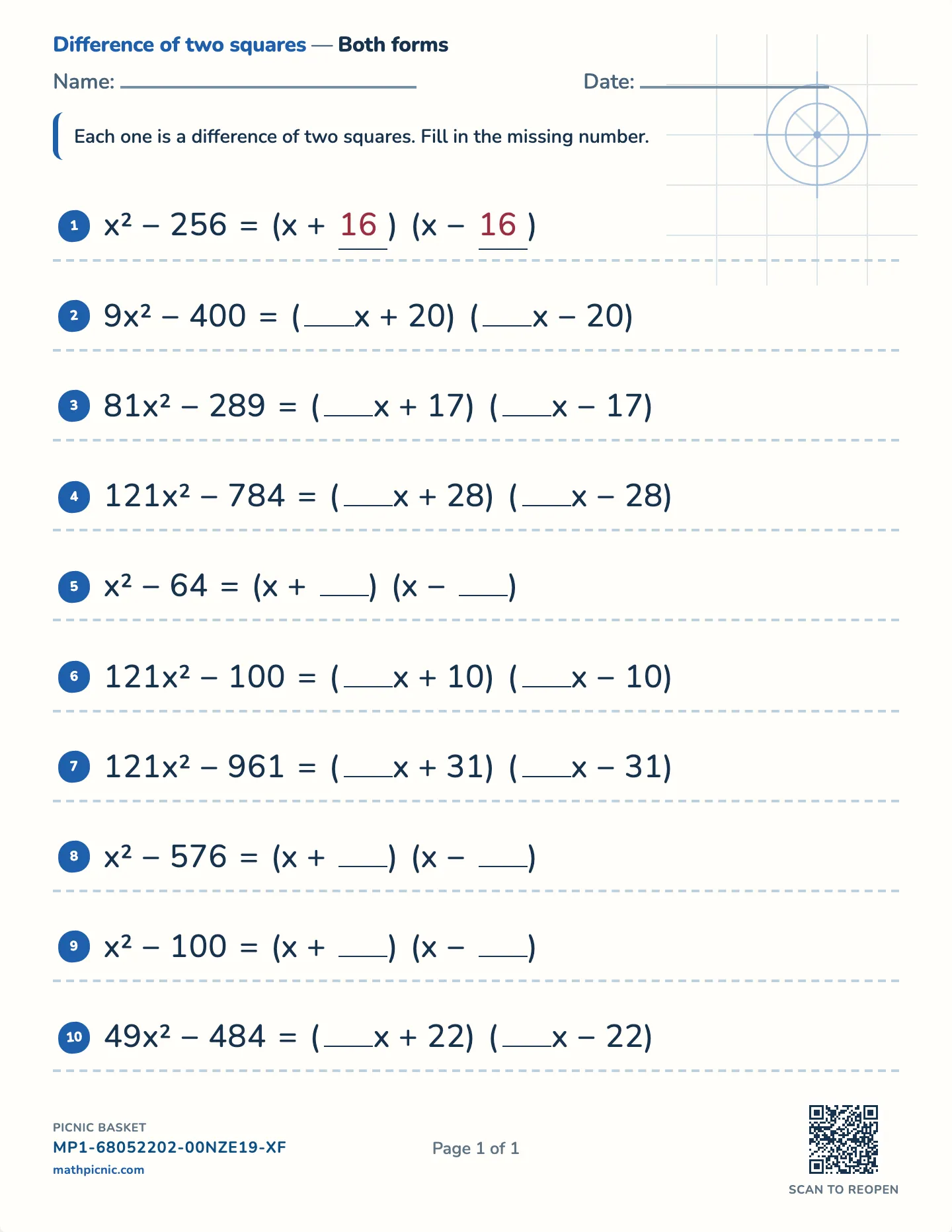 Difference of two squares worksheet — free printable with answer key