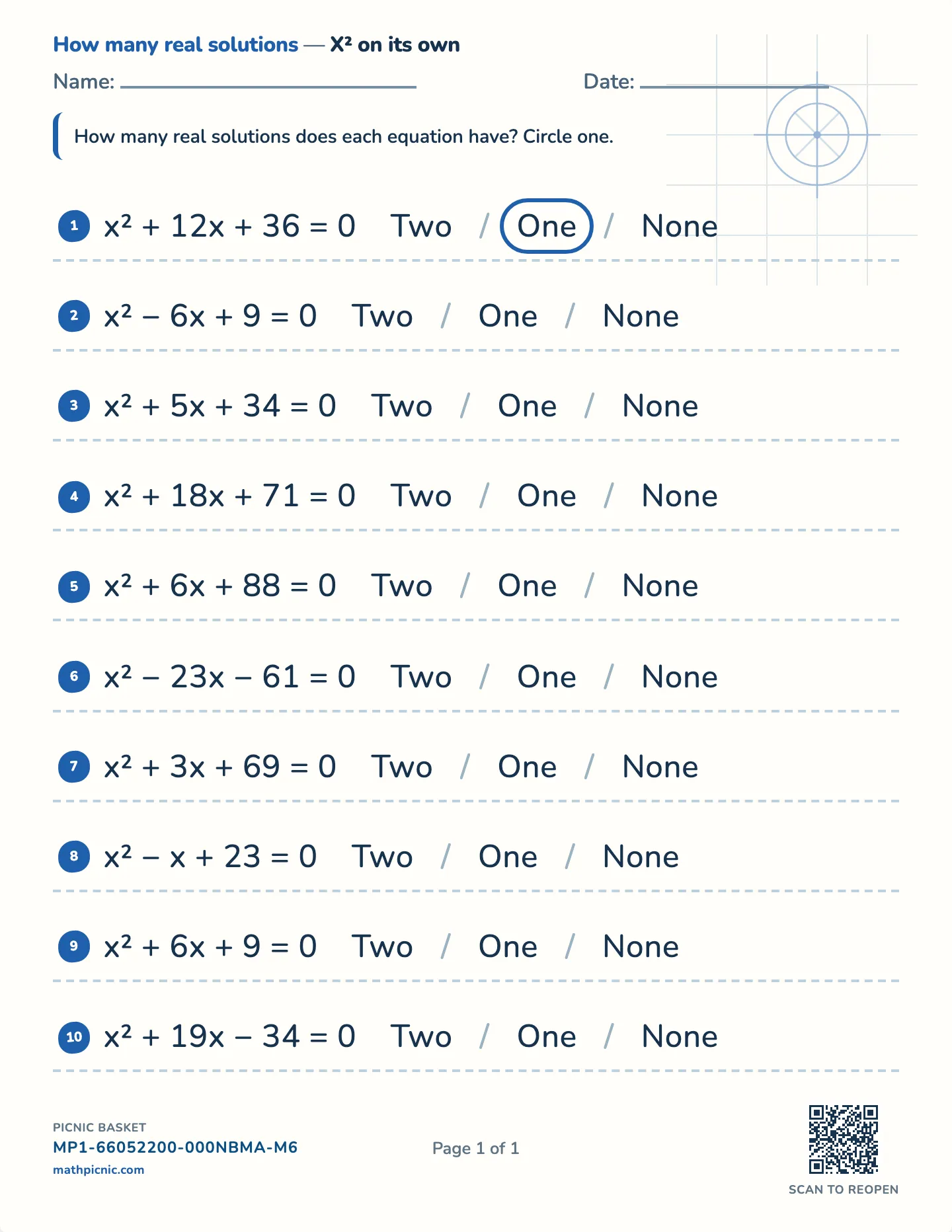 The discriminant worksheet — a = 1, two, one or none, free printable with answer key