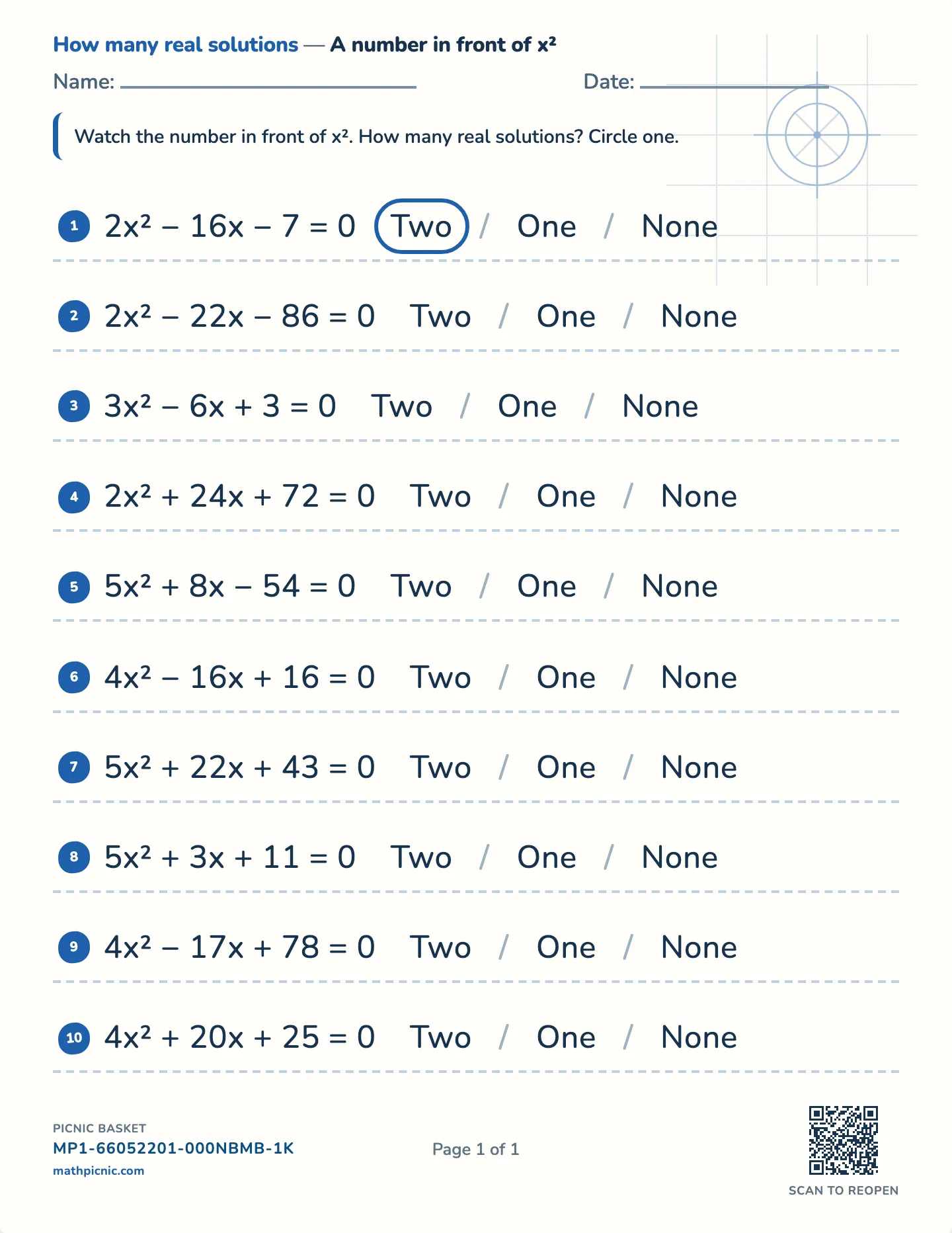 Discriminant with a leading coefficient worksheet — a ≠ 1, two, one or none, free printable with answer key