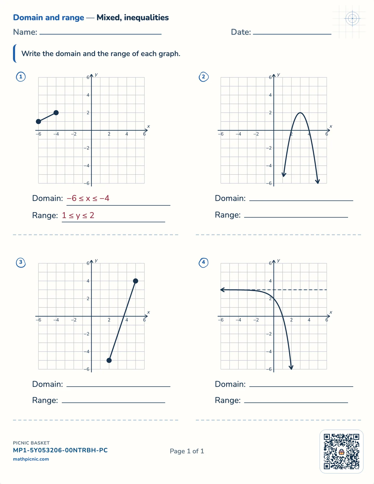Domain and range from a graph worksheet — Segments, parabolas, exponentials, free printable with answer key