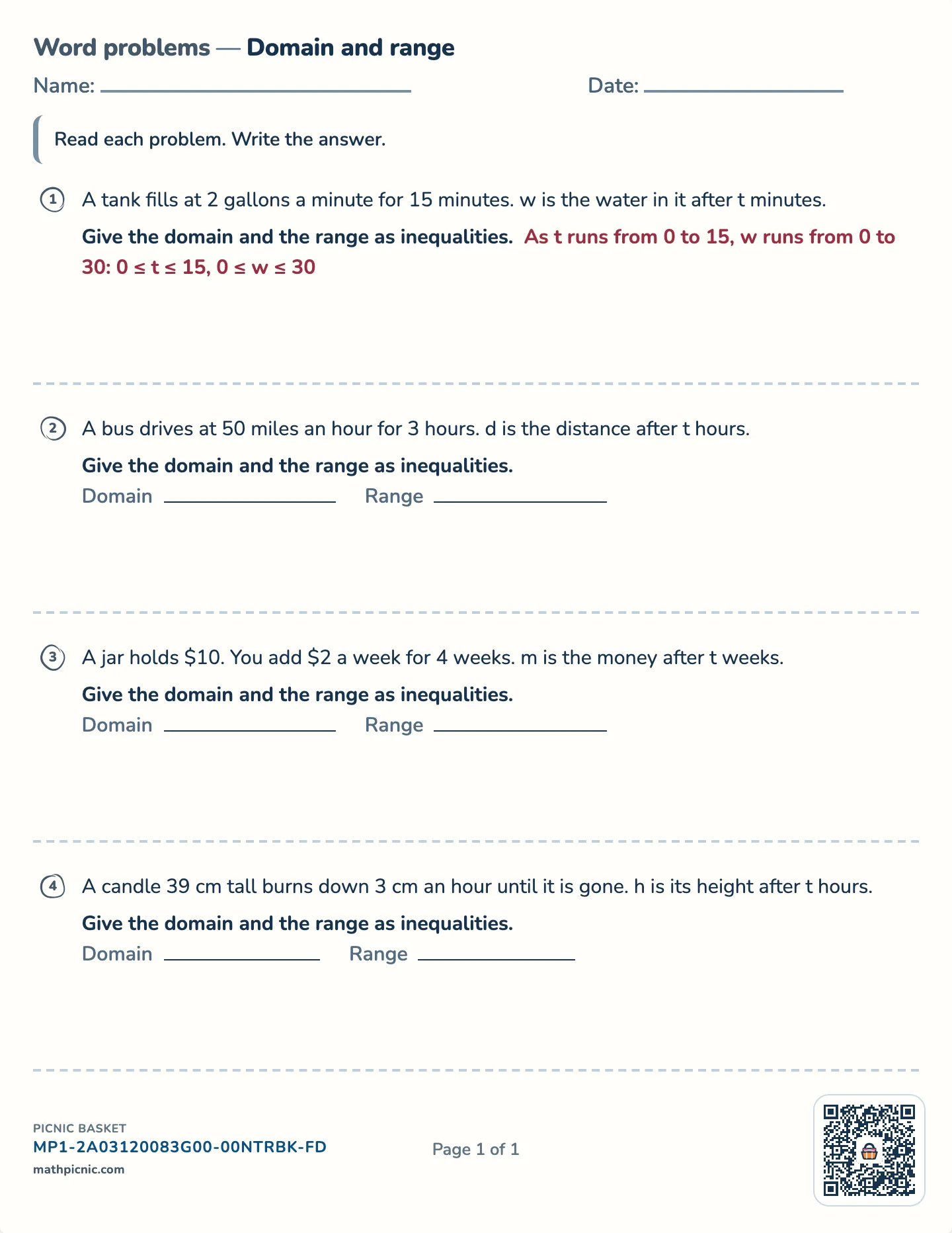 Domain and range from a story worksheet — Tanks, jars and trips, free printable with answer key