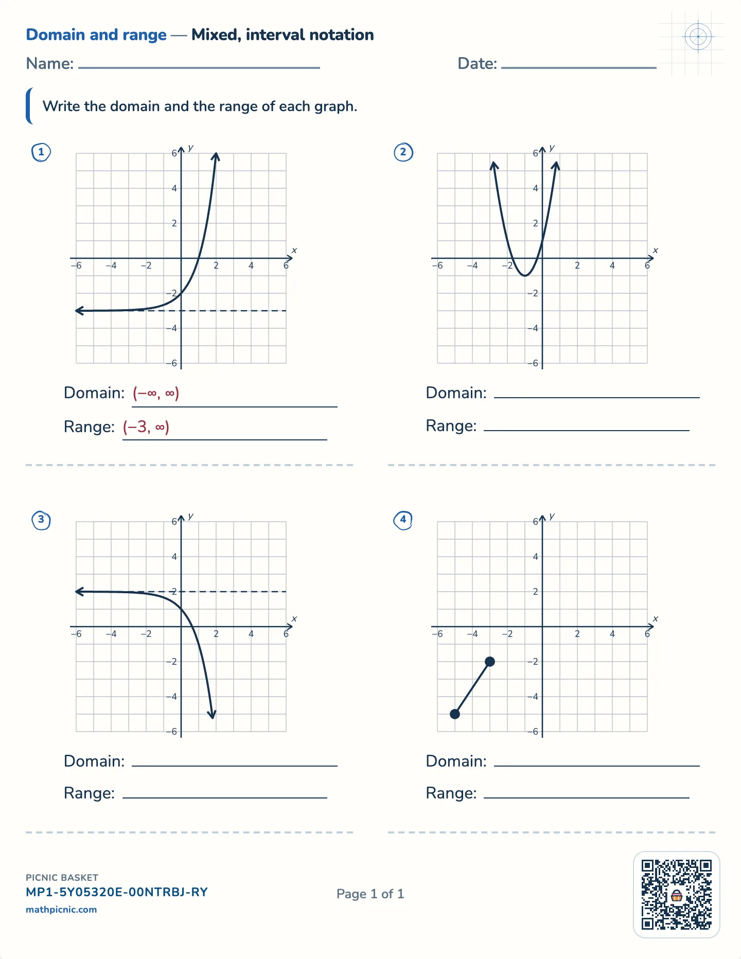 Domain and range in interval notation worksheet — Brackets and parentheses, free printable with answer key