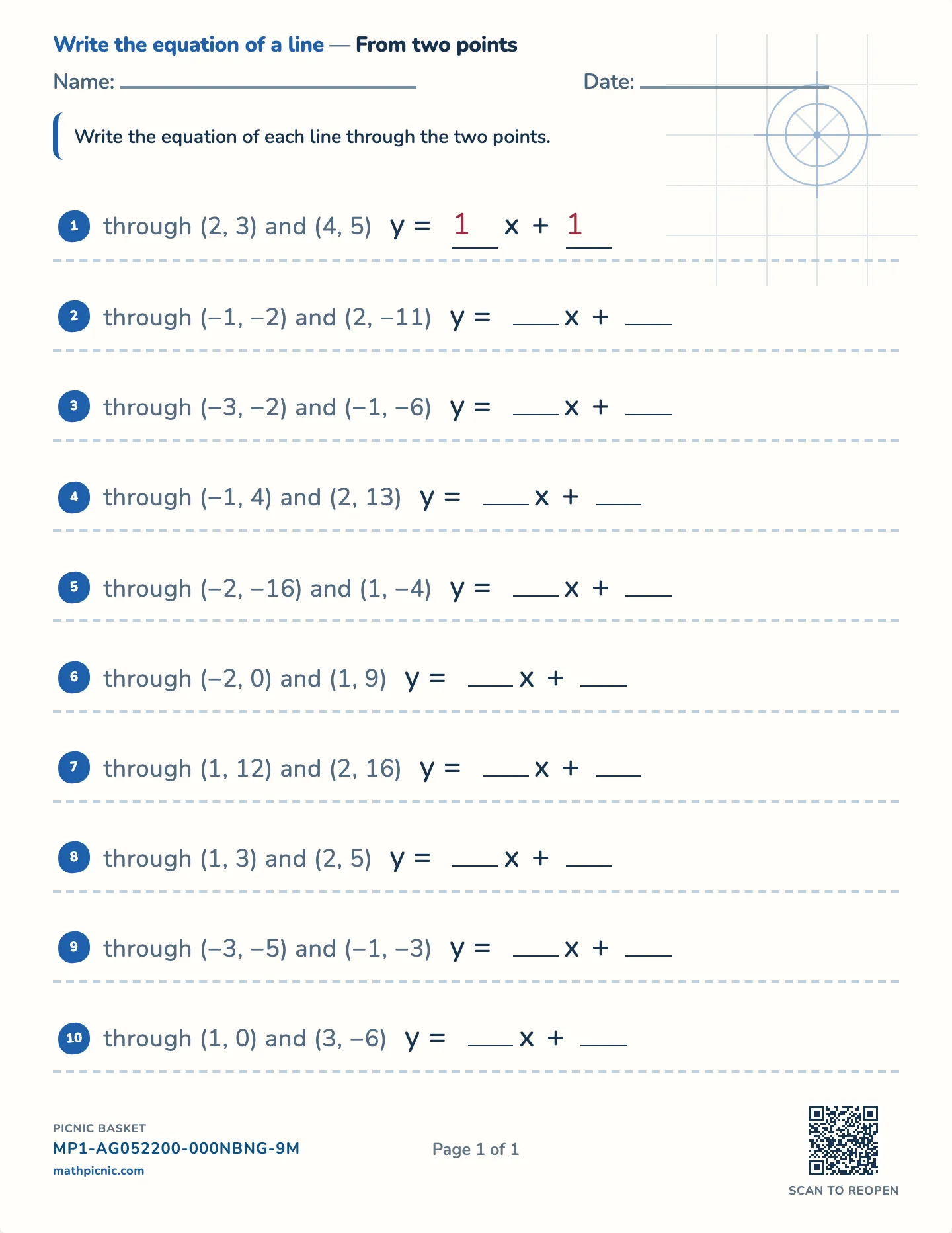 Line equation from two points worksheet — Two points, whole answers, free printable with answer key