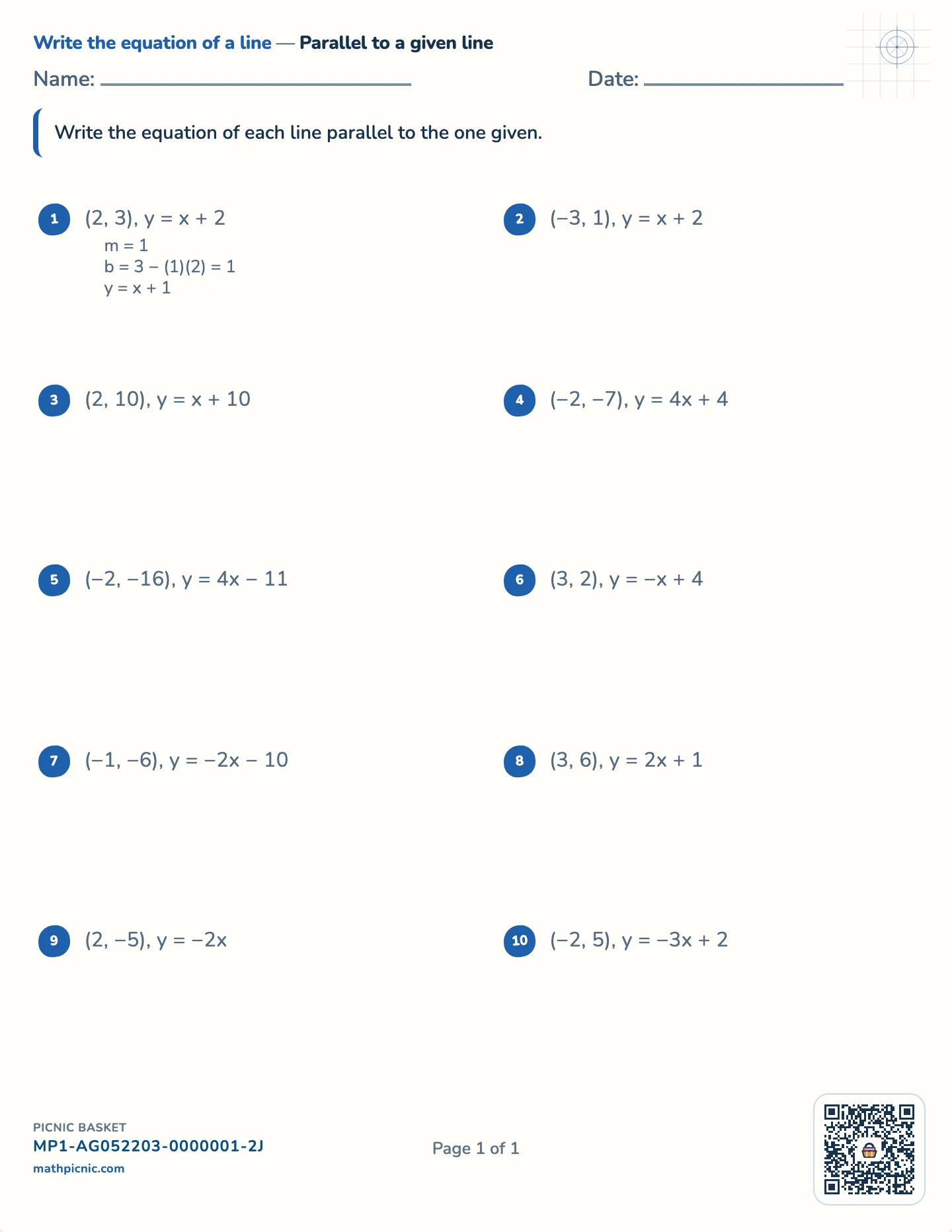 Equation of a parallel line worksheet — Slopes −4 to 4, whole intercepts, free printable with answer key