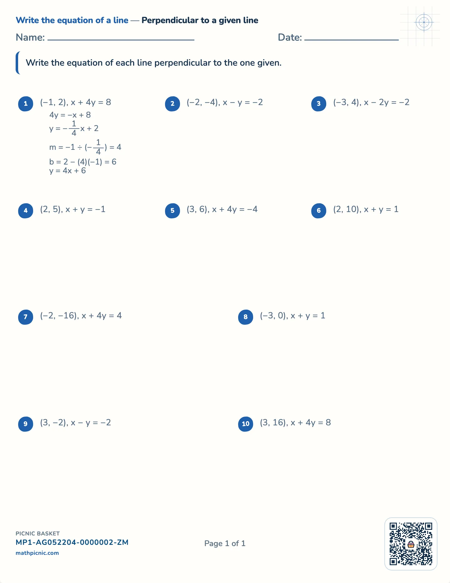 Equation of a perpendicular line worksheet — Given in standard form, whole answers, free printable with answer key