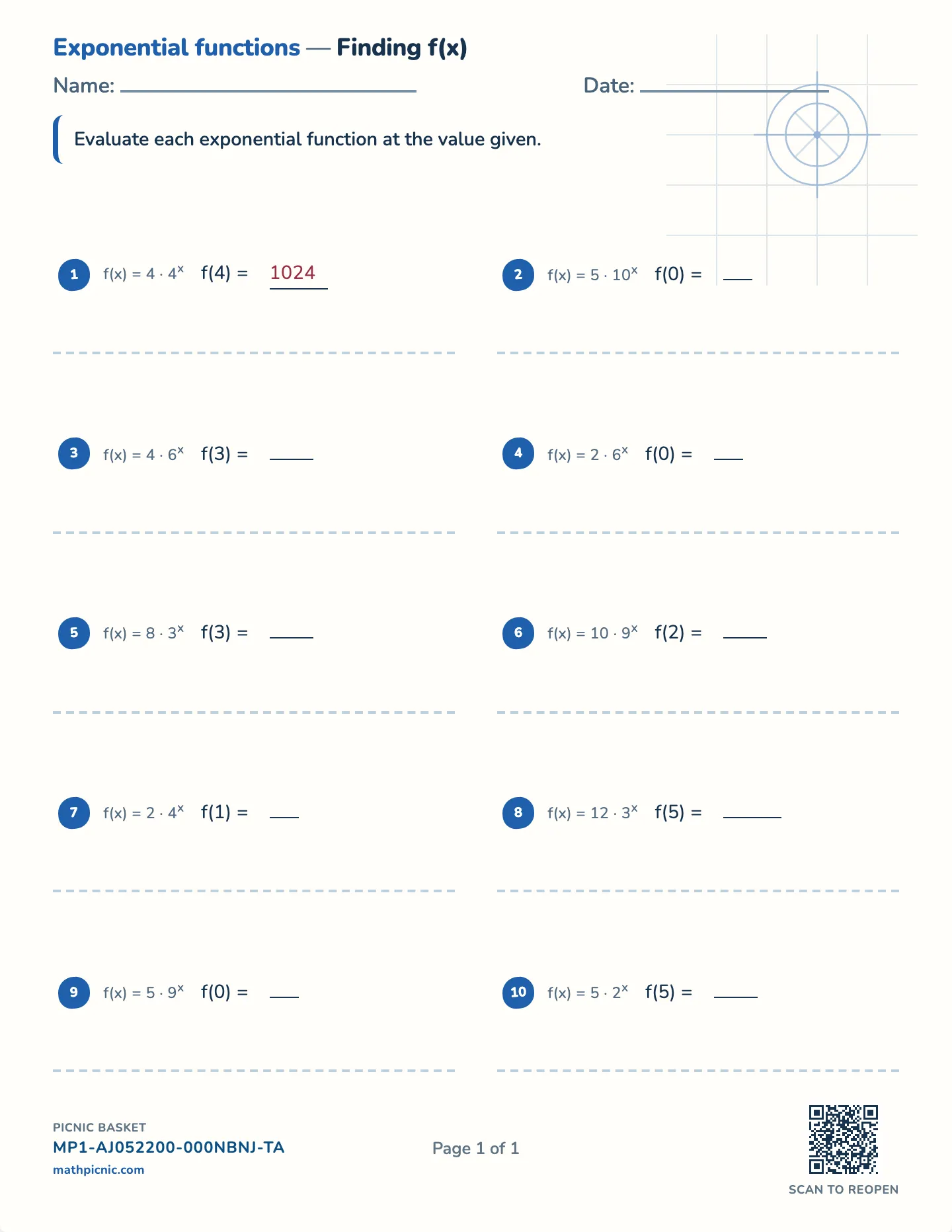 Evaluating exponential functions worksheet — a·bˣ, whole answers, free printable with answer key