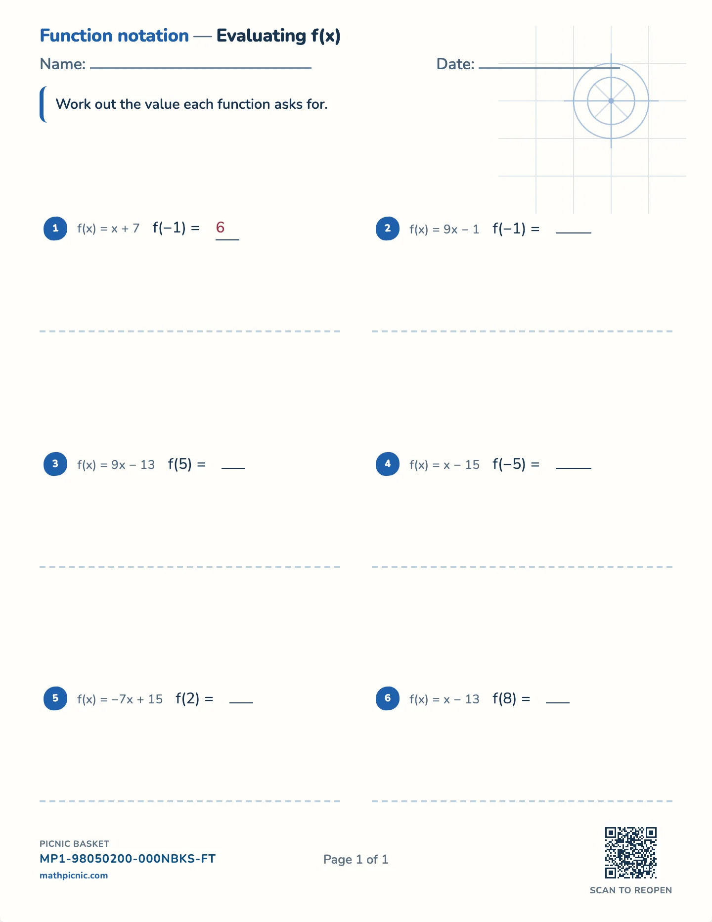 Evaluating functions worksheet — f(x), signed inputs, free printable with answer key