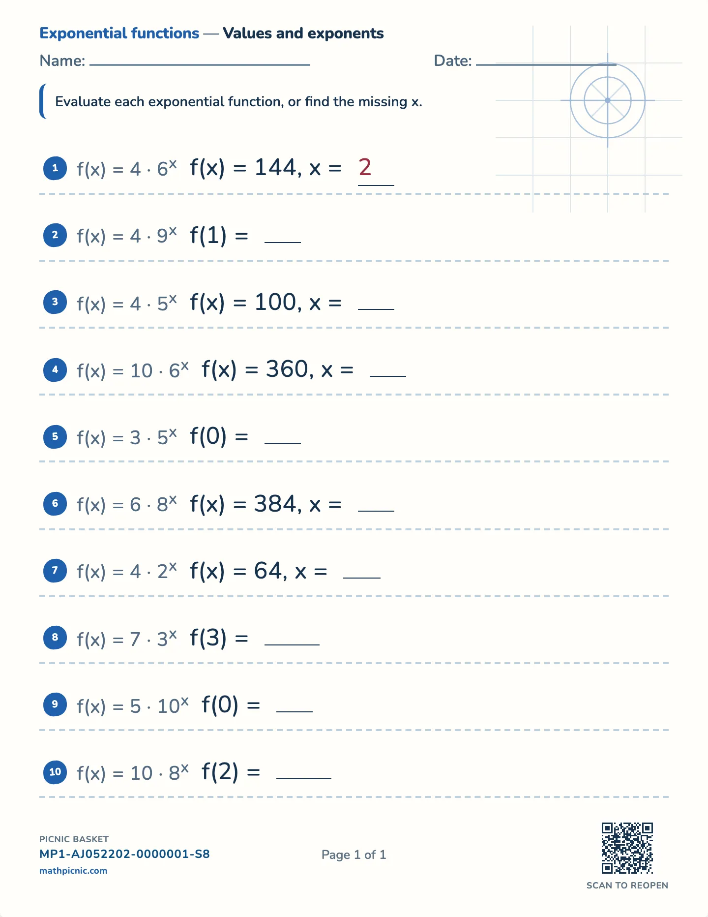 Exponential functions worksheet — a·bˣ, whole answers, free printable with answer key