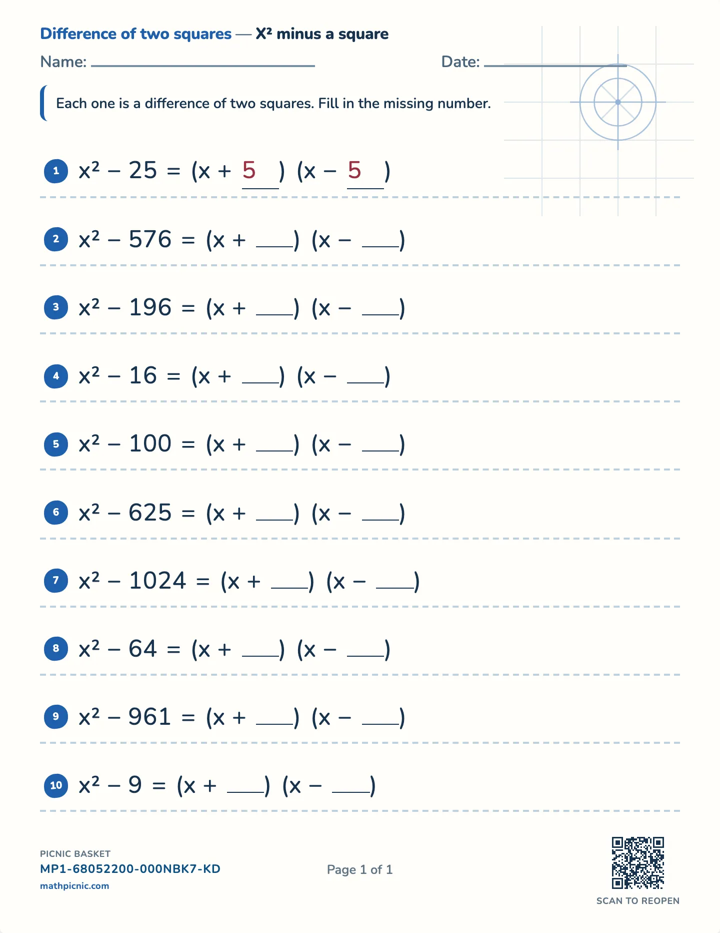 Factor a difference of squares worksheet — x² − k², whole k, free printable with answer key
